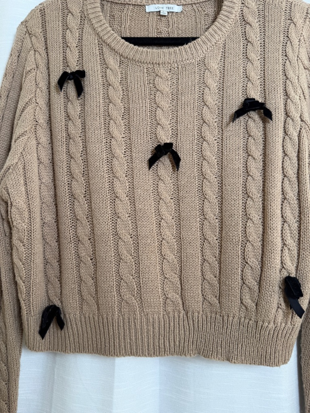 Love Tree Taupe Cable Knit Bow Detail Cropped Sweater | Size L - Picture 7 of 10